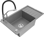 Mexen Elias granitový jednokomorový drez s odkvapkávačom a kuchynskou batériou Duo, Šedá - 6511-71-671701-07