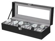 Box na hodinky so skleneným vekom, so 6 priehradkami, čierny