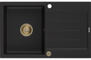 Mexen Bruno, granitový drez 795x495x200 mm, 1-komorový, čierna so zlatým sifónom, 6513791010-77-G