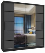 Šatníková skriňa 158 cm Belini čierny mat / šedý mat s posuvnými dverami zrkadlom a zásuvkami  ME SZP7/0/B/SR/0/KLP