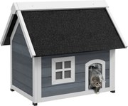 PawHut Vonkajší domček pre mačky - drevená mačka jaskyňa so sklopnou strechou, Nepremokavý domček pre mačky s oknom, 3 dverami, 77 x 57,5 x 68 cm, Siv
