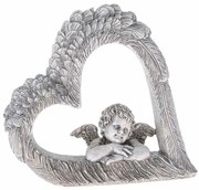 Dekorácia srdca s anjelom, šedá, polyresin, 14,5 x 13,5 x 4 cm