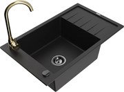 Mexen Elias granitový jednokomorový drez s odkvapkávačom a kuchynskou batériou Telma, Čierna - 6511-77-670200-50-B