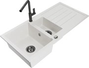 Mexen Andres granitový 1,5-komorový drez s odkvapkávačom a kuchynskou batériou Flora, Biela - 6515-20-670401-70-B