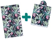 Plážový set NIGHT BLOSSOM - osuška 100×180 cm a pončo 80×145 cm, čierny