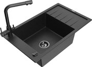 Mexen Elias granitový jednokomorový drez s odkvapkávačom a kuchynskou batériou Duero, Čierna/Strieborná metalíza - 6511-73-67160