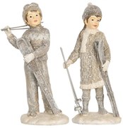 Šedá dekorácia dievča a chlapec s lyžami - 8*7*15 cm