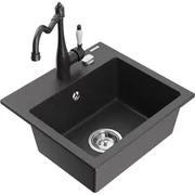 Mexen Milo, granitový drez 435x410x171 mm, 1-komorový a drezová batéria Carla, čierna škvrnitá, 6505-76-670700-76
