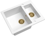 Sink Quality Ferrum, kuchynský granitový drez 605x495x210 mm + zlatý sifón, biela, SKQ-FER.W.5KBO.XG