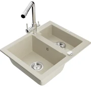Mexen Carlos, 1,5-komorový granitový drez 582x475x177 mm a drezová batéria Duero, béžová, 6518-69-671600-00