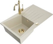 Mexen Cesar granitový jednokomorový drez s odkvapkávačom a kuchynskou batériou Carla, Béžová - 6514-69-670700-50
