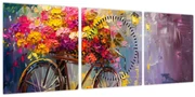 Obraz - Bicykel s kvetmi (s hodinami) (90x30 cm)