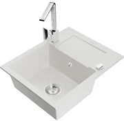 Mexen Enzo, granitový drez 576x465x174 mm, 1-komorový a chrómová batéria Rita, biela, 6506-20-670300-00