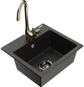 Mexen Milo, 1-komorový granitový drez 435x410x171 mm a zlatá batéria Telma, čierna-zlatá metalíza, 6505-75-670200-50-B