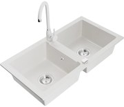 Mexen Mario, 2-komorový granitový drez 82x44 cm s kuchynskou batériou Telma, biela, 6504-20-670200-20