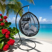 Závesné hojdacie kreslo TOBAGO - čierne + sivé vankúše