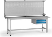Výškovo nastaviteľný dielenský stôl G5 s nadstavbou, 2100 x 750 x 800-1000 mm, 1x kontajner, 2 zásuvky, modrá