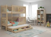 Detská poschodová posteľ z masívu borovice EMIL s prístelkou a šuplíky - 200x90 cm - prírodná