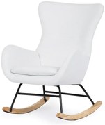 Křeslo houpací, potah bílá látka, dřevěné nohy, masiv kaučukovník