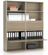 PLAN Široký kancelársky policový regál LAYERS, 4 boxy, 1582 x 400 x 1905, dub prírodný / dub morený