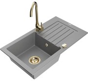 Mexen Pablo, granitový drez 752x436x161 mm, 1-komorový a zlatá batéria Telma, šedá, 6510-71-670200-50