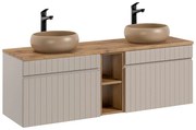 Závěsná skříňka Iconic Wiki s deskou a umyvadly 140 cm kašmír/dub coast evoke