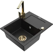 Mexen Enzo, granitový drez 576x465x174 mm, 1-komorový a zlatá batéria Rita, čierna-strieborná metalíza, 6506-73-670300-50
