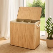 Veľký bambusový kôš na bielizeň 150 l s vekom, trojkomorový