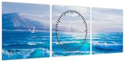 Obraz - Olejomaľba mora s čajkami (s hodinami) (90x30 cm)