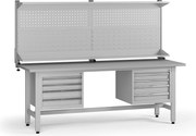 Výškovo nastaviteľný dielenský stôl G5 s nadstavbou, 2100 x 750 x 800-1000 mm, 2x kontajner, 8 zásuviek, sivá