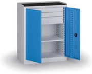 Policová dielenská skriňa 2-dverová, 1 police + 3 zásuvky, 1180 × 950 × 500 mm, modré dvere