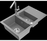 Mexen Gaspar granitový 1,5-komorový drez s odkvapkávačom a kuchynskou batériou Flora, Šedá - 6507-71-670401-00