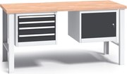 Pracovný stôl do dielne G3 so závesným boxom a skrinkou na náradie, buková škárovka, 4 zásuvky, pevné kovové nohy, 1700 mm, grafit