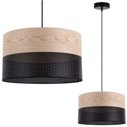 Závesné svietidlo Wood, 1x béžová dubová dýha/čierne PVC tienidlo, (fi 30cm)