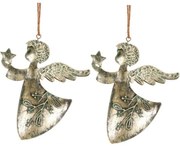 Závesná vianočná dekorácia Anjel 2 ks, kov, zlatá, 16 x 1 x 13 cm