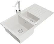 Mexen Matias, granitový drez 900x505x200 mm, 1,5-komorový a chrómová batéria Rita, biela, 6502-20-670300-00