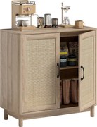 HOMCOM boho komoda s ratanovými dvierkami, nastaviteľná polica a zaoblené hrany — dubový dekor, 76 x 35 x 75,5 cm | Aosom
