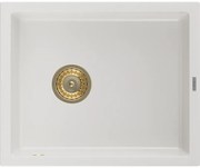 Mexen Pedro, granitový drez 560x460x200 mm, 1-komorový, biela so zlatým sifónom, 6508561000-20-G