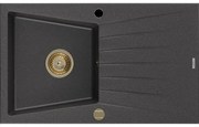Mexen Cesar granitový jednokomorový drez s odkvapkávačom 775 x 470 mm, Čierna škvrnitá, Sifón Zlatá - 6514771010-76-G