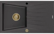 Mexen Cesar granitový jednokomorový drez s odkvapkávačom 775 x 470 mm, Čierna škvrnitá, Sifón Zlatá - 6514771010-76-G