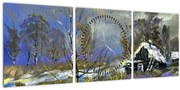 Obraz chalúpky v zimnej krajine, olejomaľba (s hodinami) (90x30 cm)