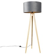 Stojaca lampa drevená s sivým textilným tienidlom 50 cm - Tripod Classic