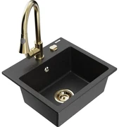 Mexen Milo, 1-komorový granitový drez 435x410x171 mm a drezová batéria Elia, čierna-strieborná metalíza, 6505-73-670101-50