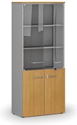 Kombinovaná kancelárska skriňa PRIMO GRAY s drevenými a sklenenými dverami, 800 x 420 x 1781 mm, sivá/buk