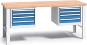 Pracovný stôl do dielne G3 s 2 závesnými boxami na náradie, buková škárovka, 8 zásuviek, pevné kovové nohy, 2000 mm, modrá