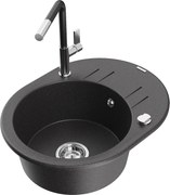 Mexen Kevin granitový jednokomorový drez s odkvapkávačom a kuchynskou batériou Flora, Čierna škvrnitá - 6517-76-670401-07