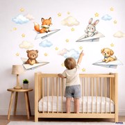 60x120cm Zvieratká v papierových lietadielkach - textilná nálepka na stenu