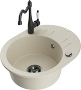 Mexen Kevin granitový jednokomorový drez s odkvapkávačom a kuchynskou batériou Carla, Béžová - 6517-69-670700-70