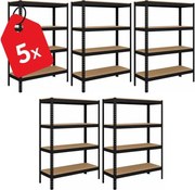 Akcia 5x Regál 150x70x30 cm lakovaný 4-policový, nosnosť 700 kg - čierny