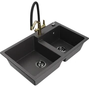 Mexen Tomas, 2-komorový granitový drez 800x500x190 mm  a kuchynská batéria Duo, čierna škvrnitá, 6516-76-671701-57-B